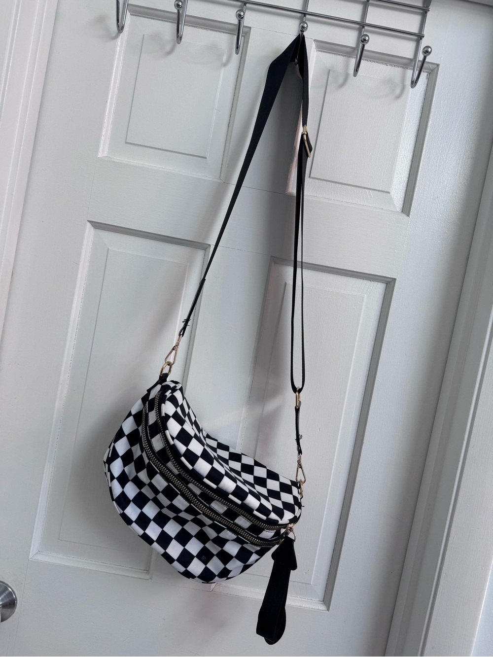 Black & White Checkerboard Crossbody Bag with Adjustable Strap